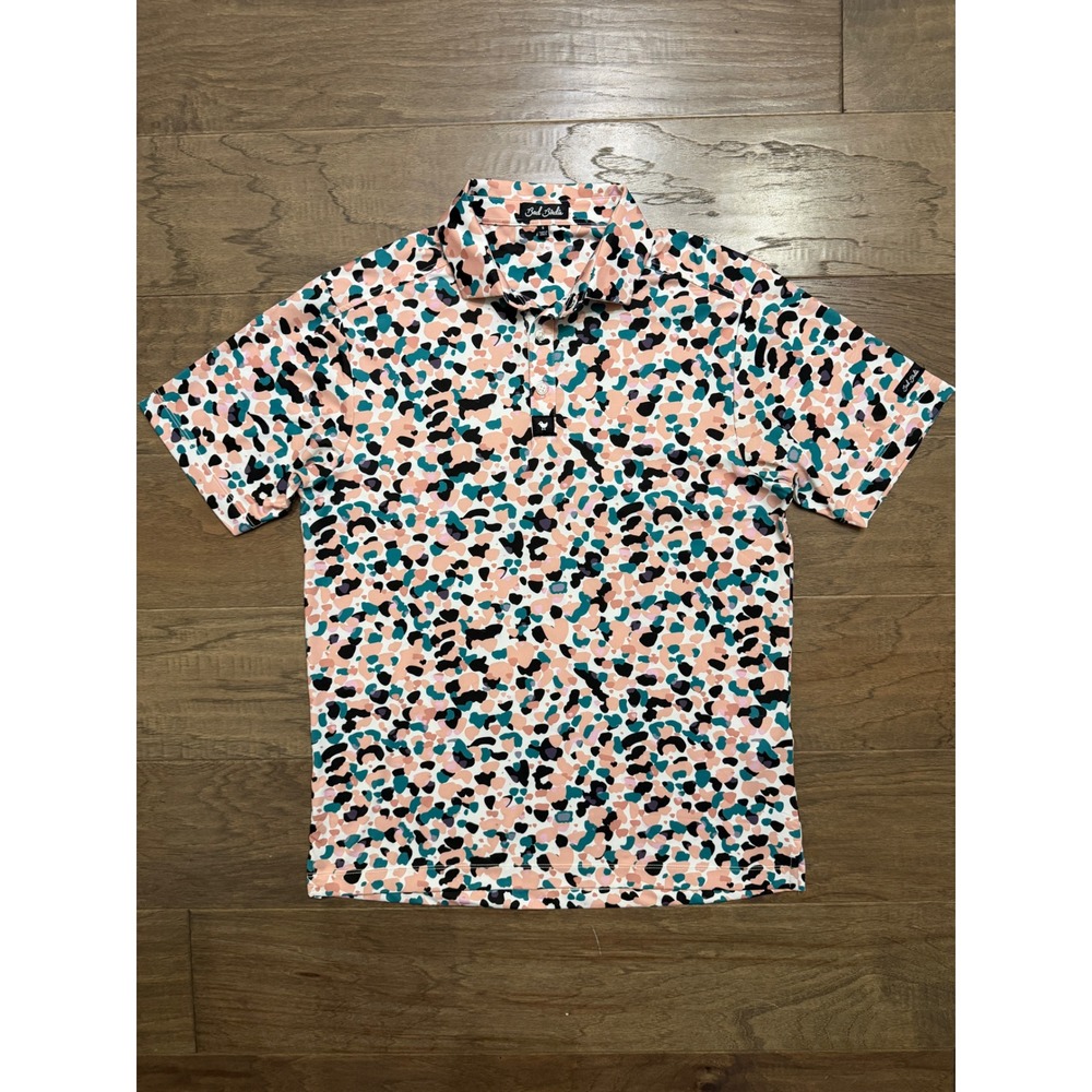 Bad Birdie Mens Small Golf Polo Shirt Abstract Leopard Print Peach‎ Teal Stretch